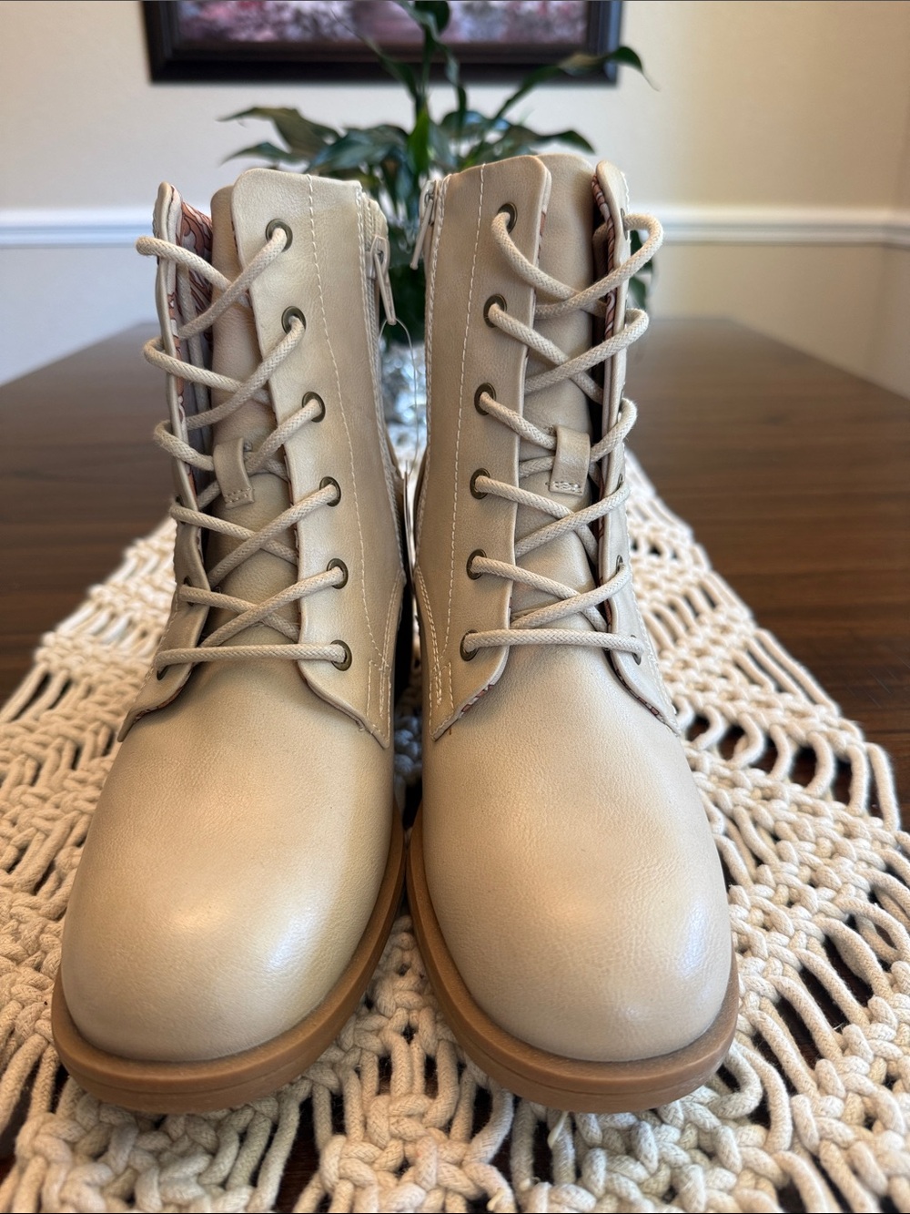 BareTraps Beige Lace-Up Ankle Boots with Tan Sole